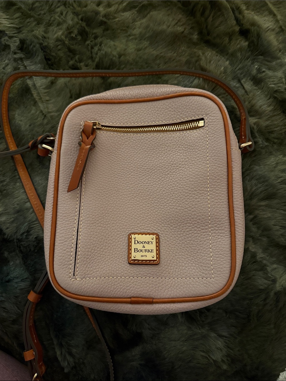 Dooney & Bourke Oyster Pebble Leather Camera Crossbody with Tan Trim